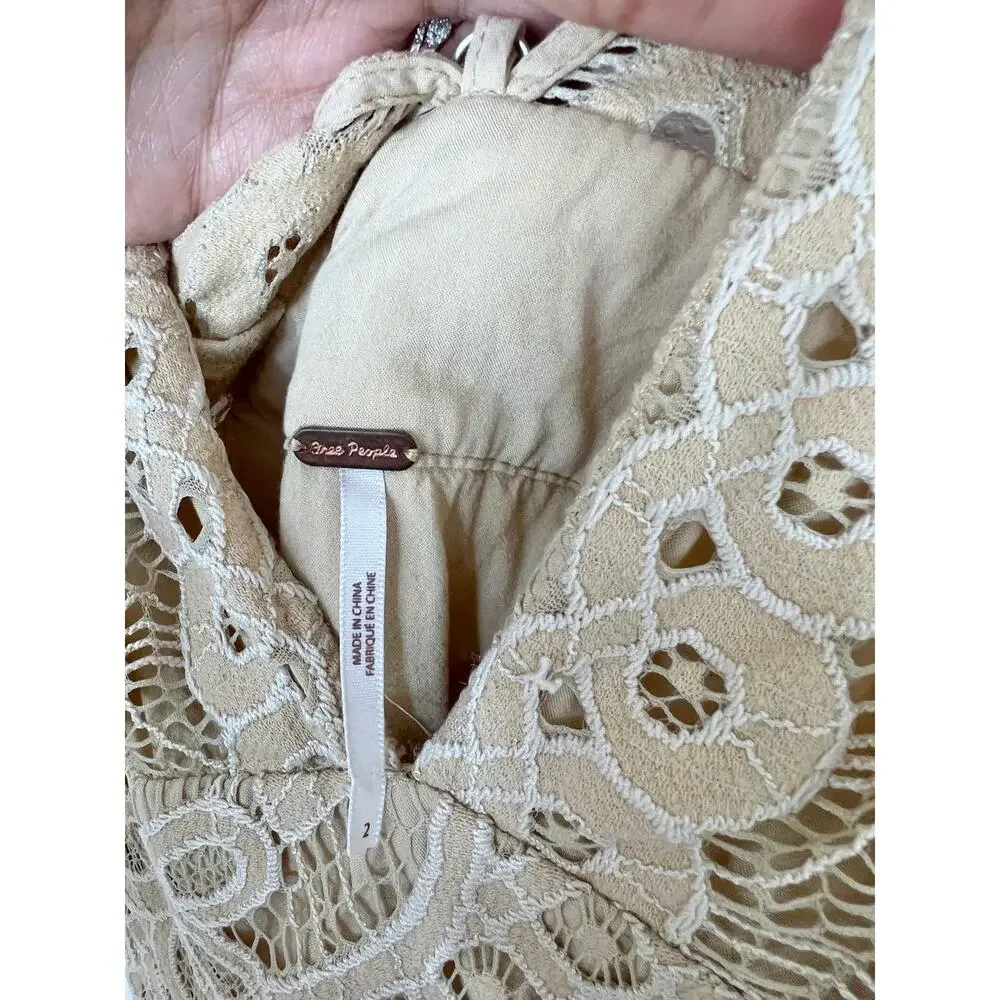 Free People Cream Lace Deep V Open Back Mini Dress Size 2 Boho Bridal